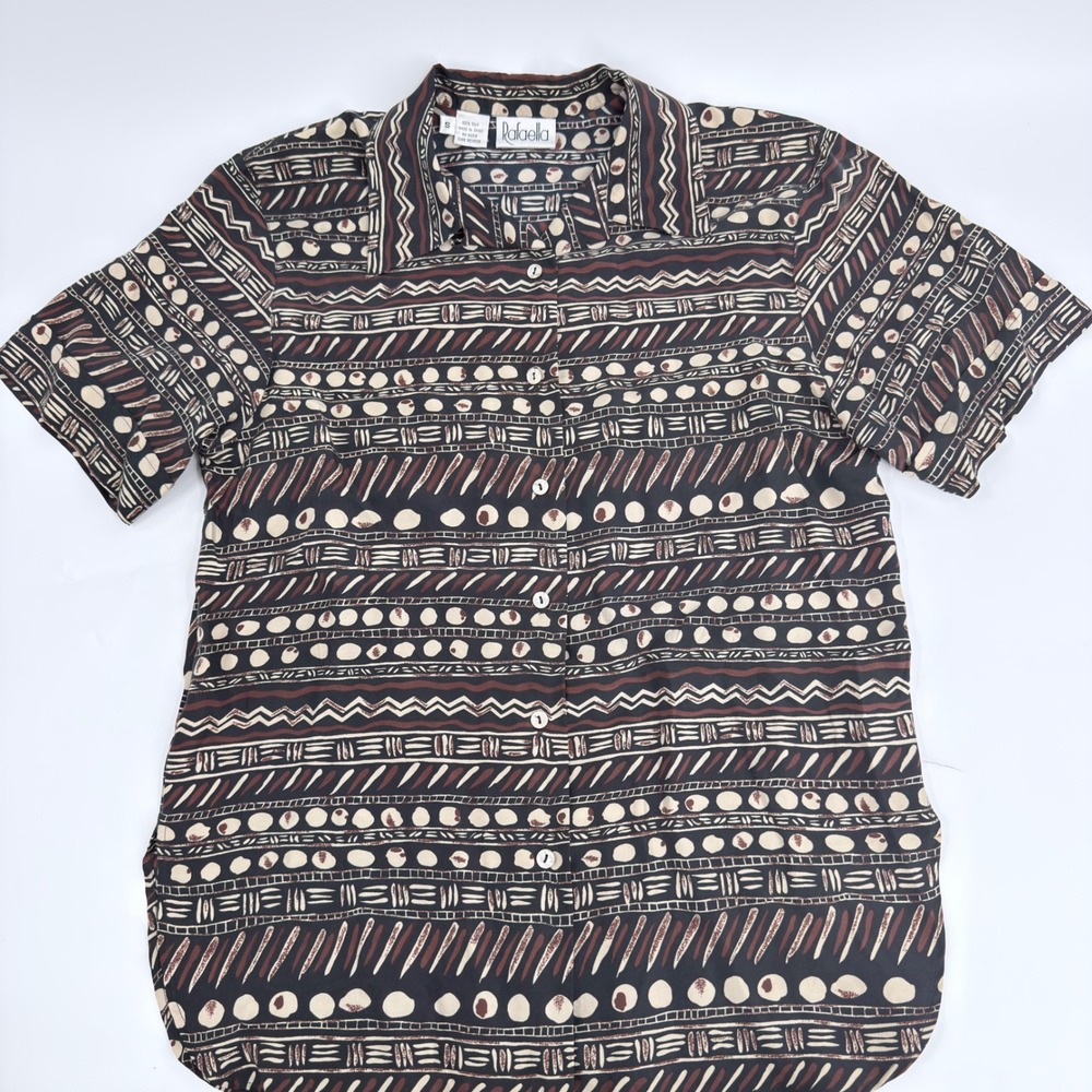 Rafaella Shirt Button Up Abstract Geometric 90s Vintage Women Small Black Brown